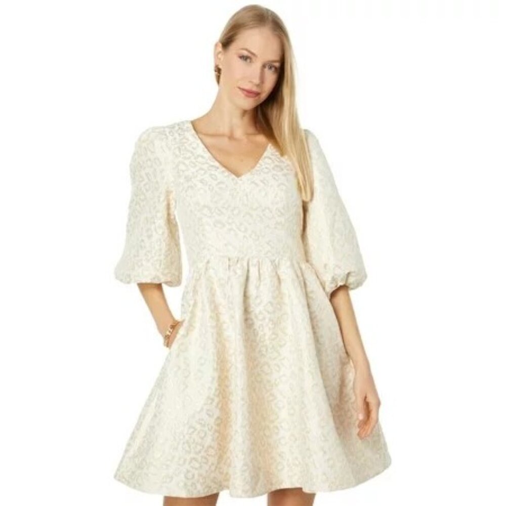 NWT Lilly Pulitzer Calyssa 3/4 Sleeve Dress in Gold Dazzle Leopard Jacquard